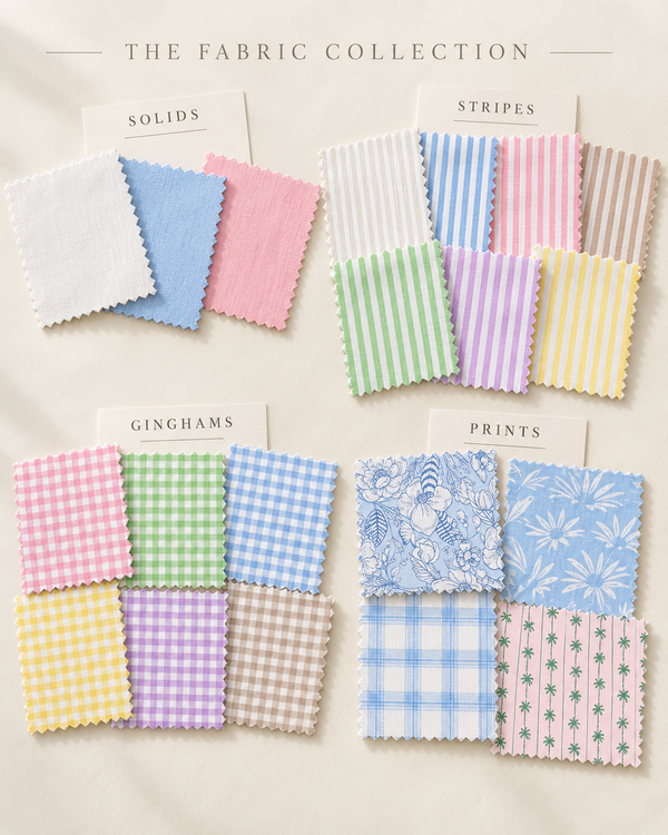 A fabric collection display featuring multiple small fabric swatches arranged on a light beige background under the heading 'THE FABRIC COLLECTION.' The swatches are labeled by type: Solids, Stripes, Gingham, and Prints. Twenty fabric options for custom embroidered bag charms