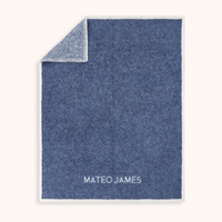 A personalized blue knit blanket with a white border and the name 'MATEO JAMES' embroidered in white at the bottom, shown on a light cream background with one corner folded over.