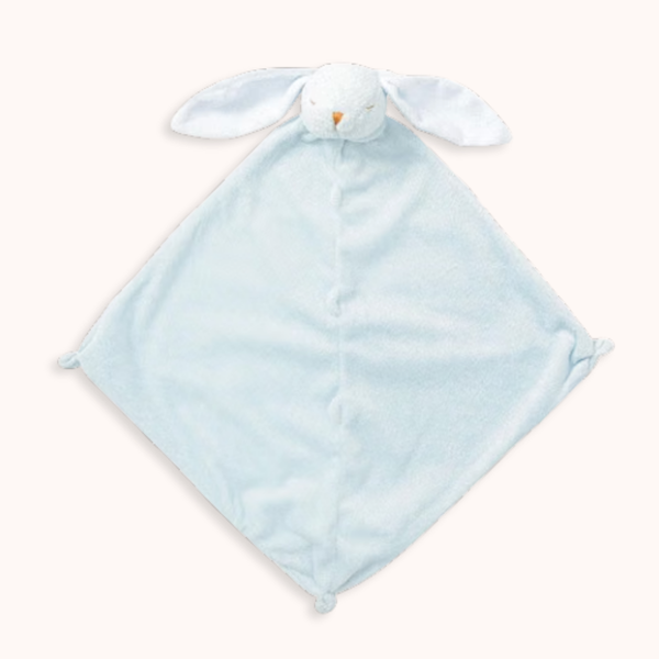 A light blue baby security blanket with a white plush bunny head and ears, shown on a solid cream background.