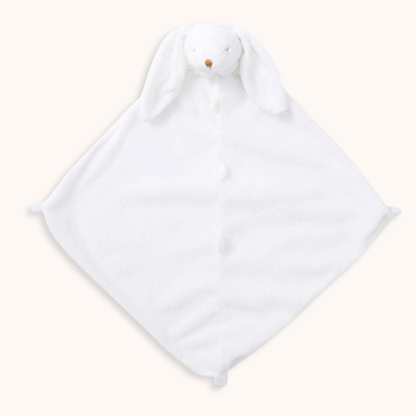 A white plush bunny security blanket with long floppy ears and a small embroidered face, laid flat on a light cream background.