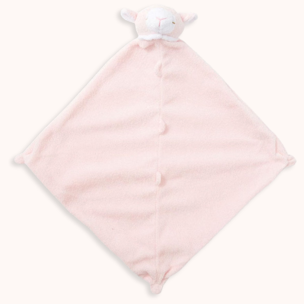 A light pink plush lovey blanket with a sheep head attachment, shown flat against a solid off-white background.