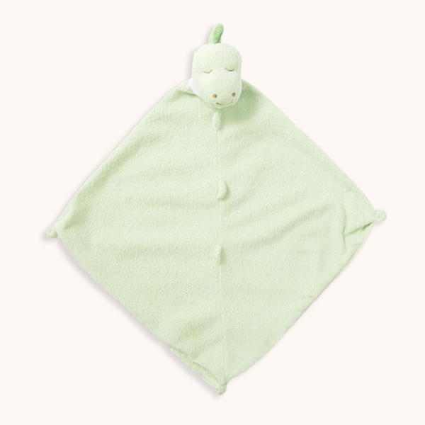 A light green plush security blanket with a dinosaur head attachment, shown on a plain off-white background.