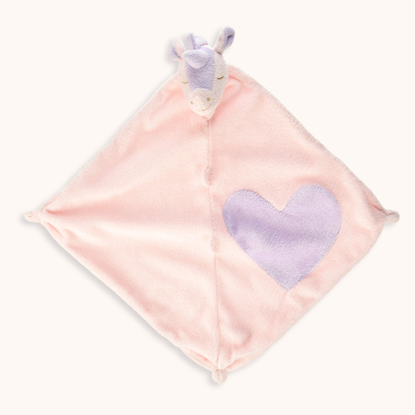 A soft pink baby security blanket with a plush llama head and a lavender heart patch on a light cream background.