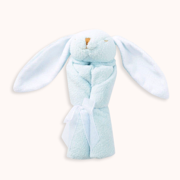 A light blue plush bunny hooded towel wrapped in a matching tie, shown against a solid off-white background.