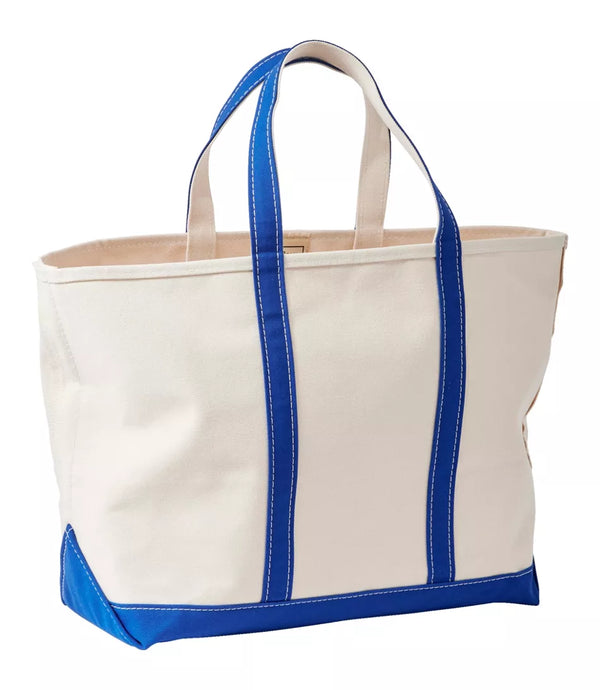 White tote bag with blue accents on a white background