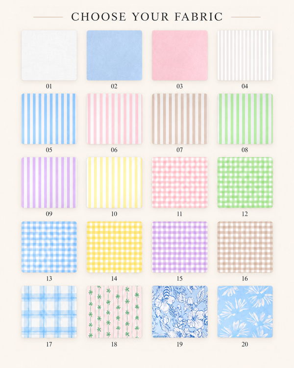 A fabric swatch chart titled 'CHOOSE YOUR FABRIC' showing 20 pastel patterned and solid swatches arranged in a grid on a light beige background. Patterns include stripes, gingham, florals, and botanical prints in soft colors such as blue, pink, green, yellow, purple, and white.