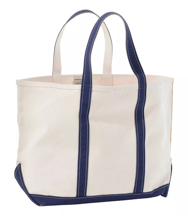 White tote bag with navy blue accents on a white background